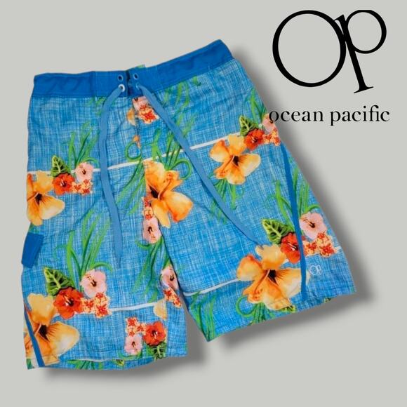 OP Ocean Pacific Men’s Blue Tropical Floral Swim Trunks - Medium - Picture 9 of 9